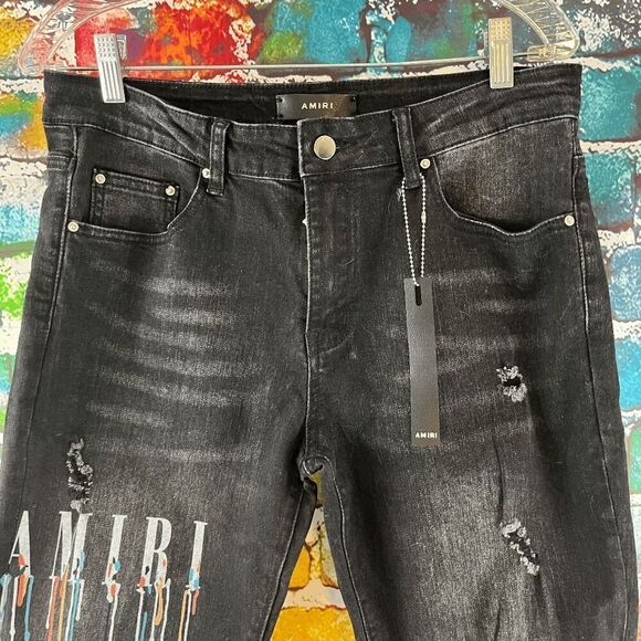 Amiri Paint Drip Coreo Logo Denim Jeans Size 32 - Picture 2 of 7